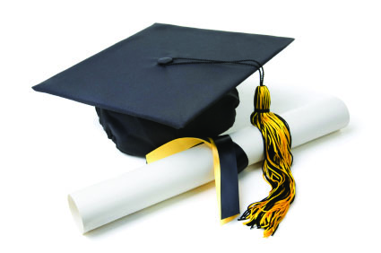 Graduation cap and diploma graphic.
