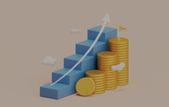 A blue chart, increasing in height with a white arrow on top of it that goes up with the chart. Coins are next to the blue chart also increasing in size.
